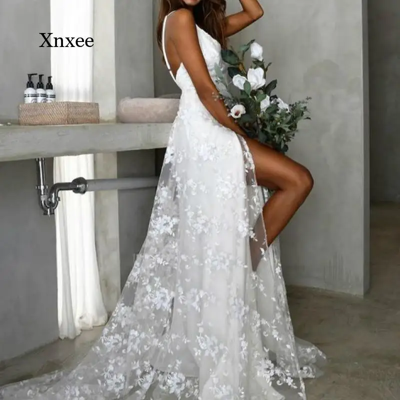 

Spaghetti Straps Long Dress Beach V Neck Slit Wedding Boho Lace A-Line Bride Dresses Robe De Soiree Side Split Sexy Bridal Gown