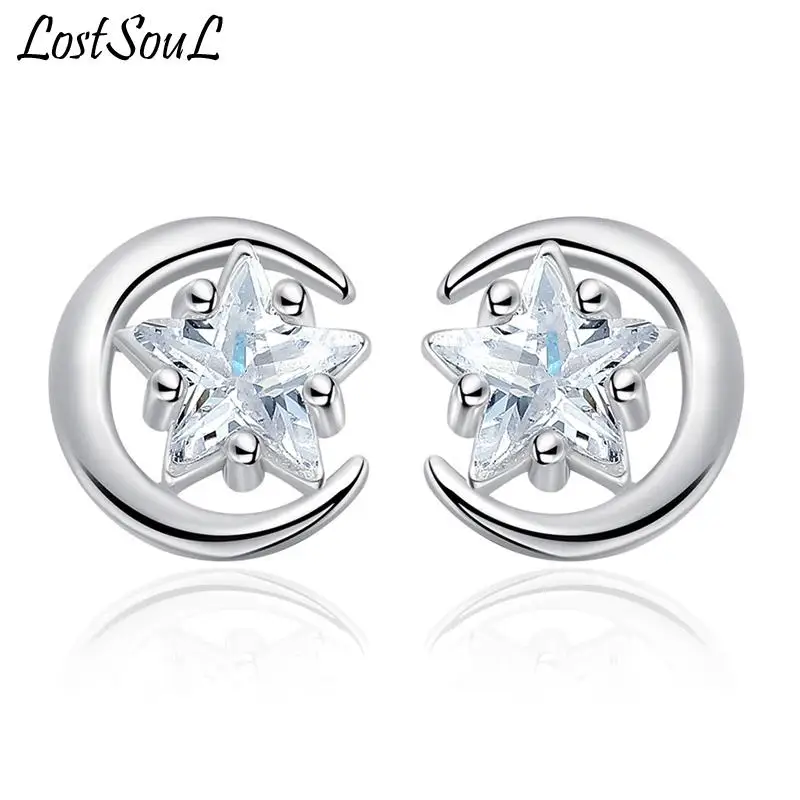 

Fine Lovely Heart Star Moon Stud Earrings 925 Sterling Silver For Women Five-pointed Star Needle Anti Allergy Earrings Jewelry