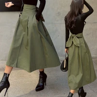 armygreen spring autumn 2021 new bow skirts jupe empire a line skirt women casual ankle length cotton skirts womens jupe femme