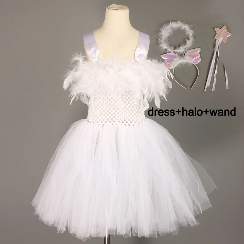 dress halo wand Детский костюм ангела-хранителя на Хеллоуин, белое платье-пачка ангела с перьями для девочек, одежда для рождества Габриэль - Цвет: dress halo wand