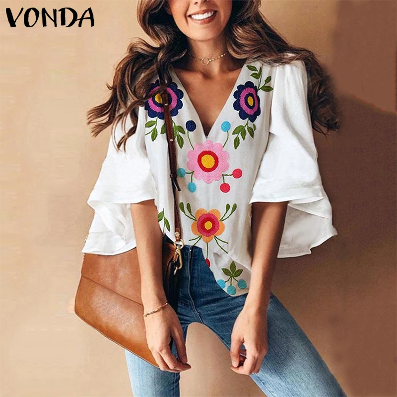VONDA Summer Fashion Blouses Women Vintage Floral Print Shirts Casual V Neck Flare Sleeve Blusas Plus Size Sexy Tops