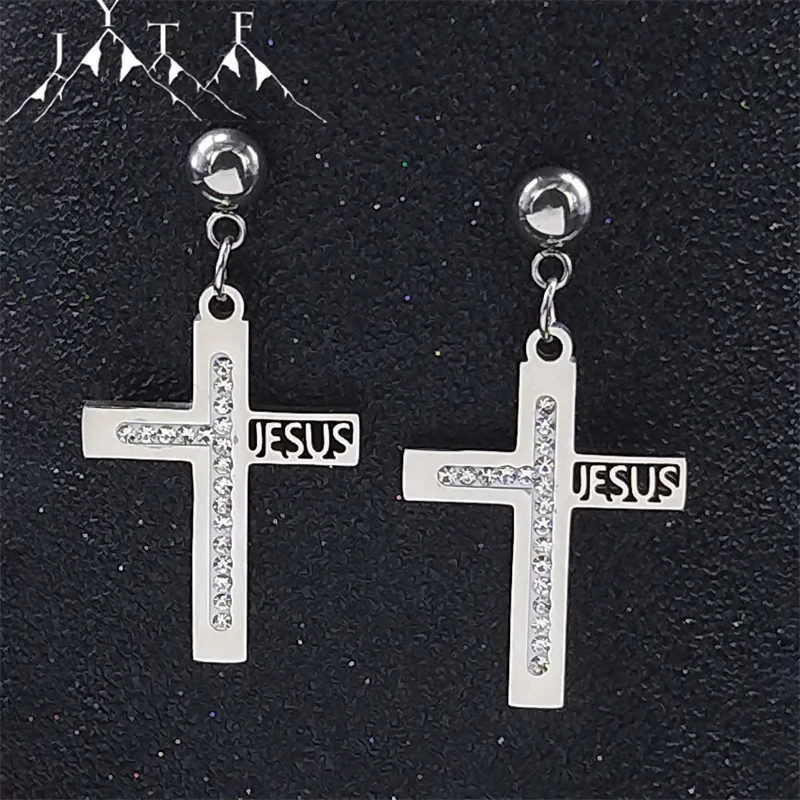 

Stainless Steel Cross Jesus Earrings Women Silver Color Catholic Stud Earrings Jewery joyeria acero inoxidable mujer E8027S05