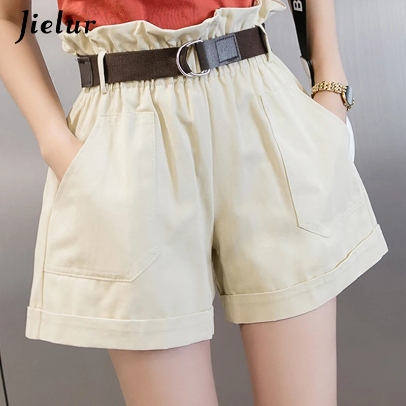 Шорты женские короткие с высокой талией эластичные однотонные в уличном стиле |