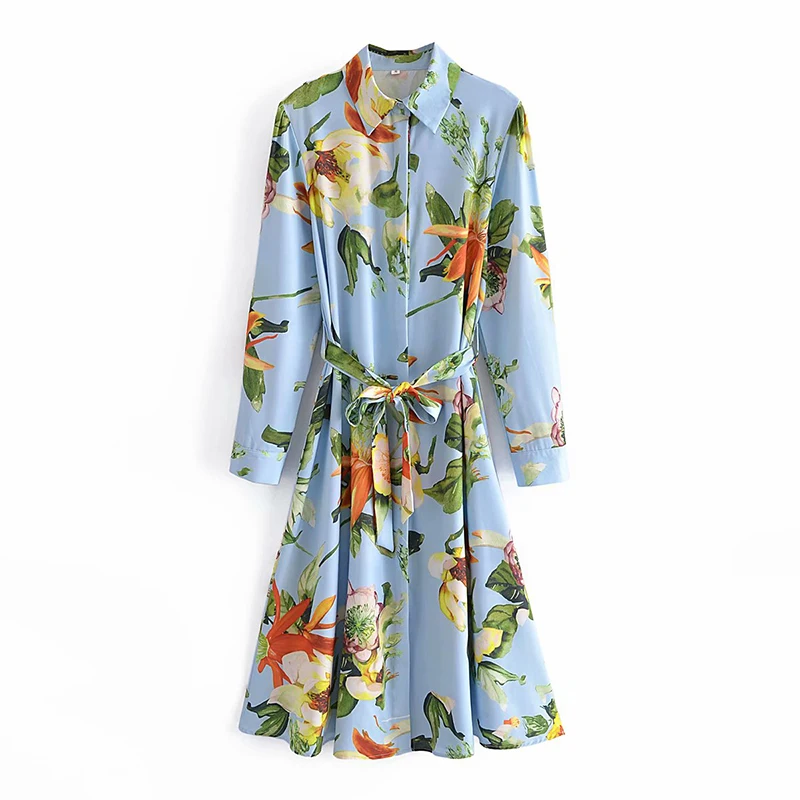 

YENKYE New 2021 Women Floral Print Long Shirt Dress Female Lapel Collar Sashes Casual Loose Dress Autumn Vestido