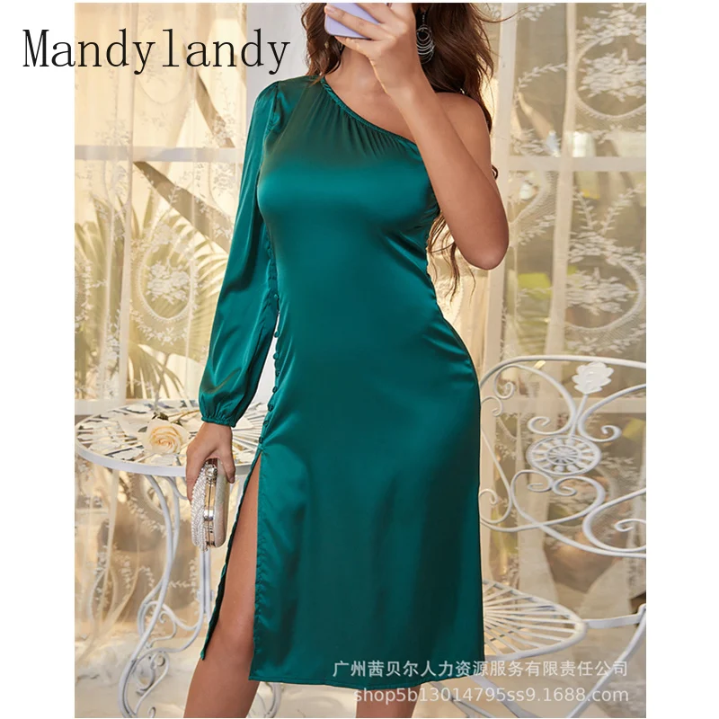 

Mandylandy женское элегантное атласное вечернее платье для вечеривечерние женское сексуальное модное платье с длинным рукавом-фонариком на одн...
