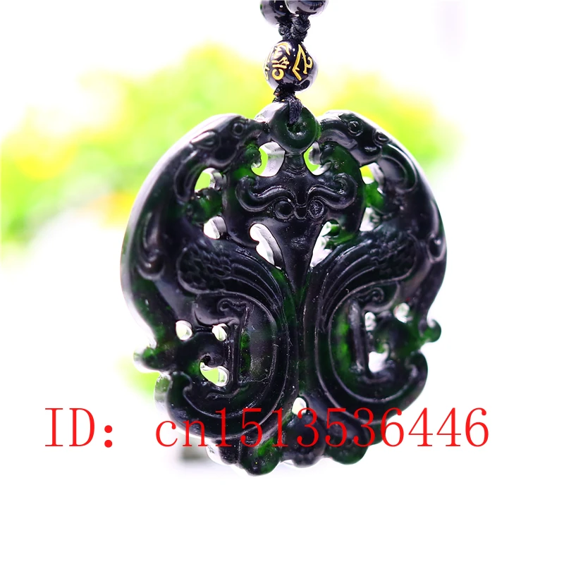 Ожерелье с двусторонним резным кулоном из натурального черного и зеленого