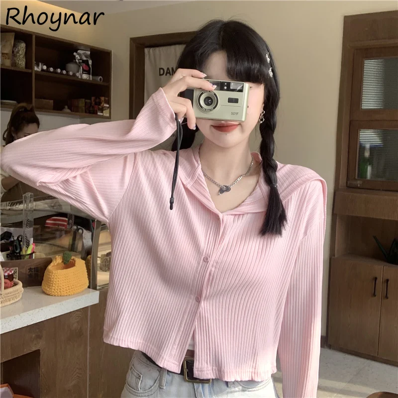 

Long Sleeve T-shirts Women Hooded Cropped Summer Knitted Korean Style Girlish Vintage Loose Classic Street Solid All Match Ins