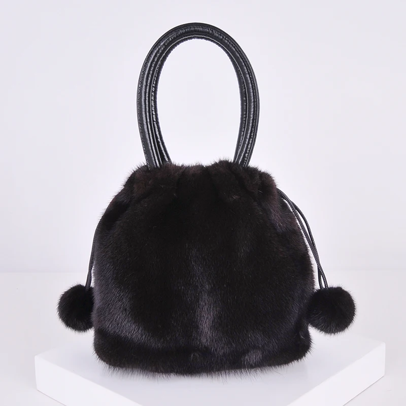 deep brown Новое поступление, настоящие меховые сумки, изготовленные из цельного меха норки, женские роскошные сумки-мессенджеры из меха норки, сумка-ведро для женщин на зиму - Цвет: deep brown