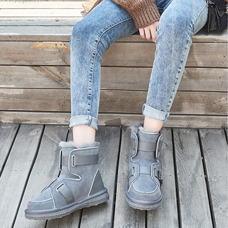 Women's Wool and Velvet Snow Boots, Warm Women's Short Boots Frosted Leather Night Reflective Cotton Shoes сапоги женские