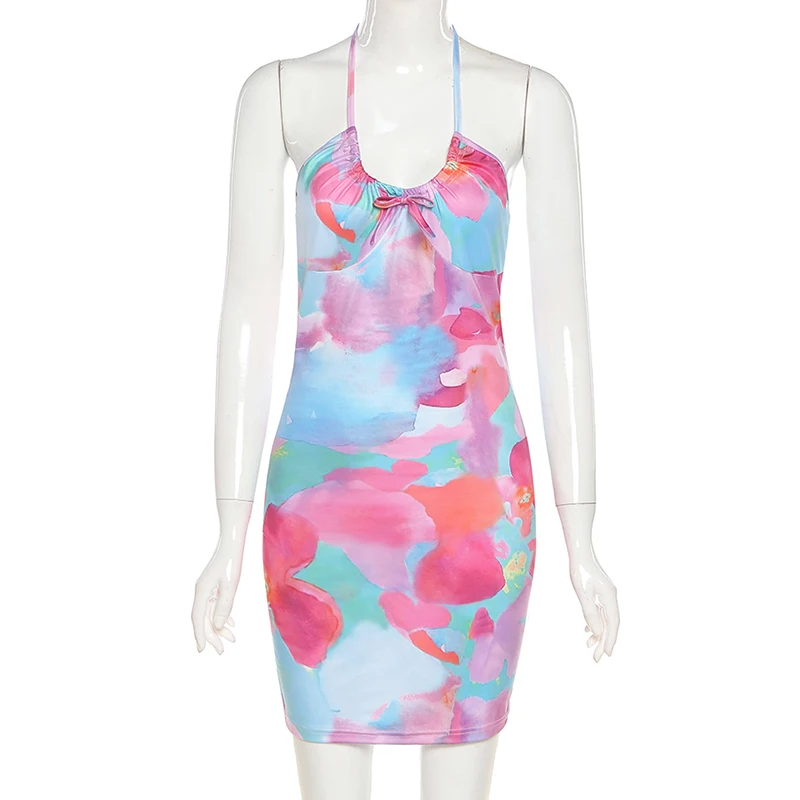 

2021 Colorful Tie Dye Flower Halter Dresses Bodycon Backless Sleeveless Printing Casual Female Tank Minidress Mujer Beach Wear