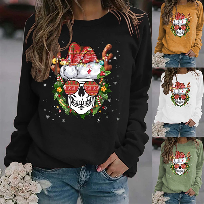 Autumn/winter women's sweater with long sleeves loose retro skull sika deer print pattern pullover women's round neck sweater
