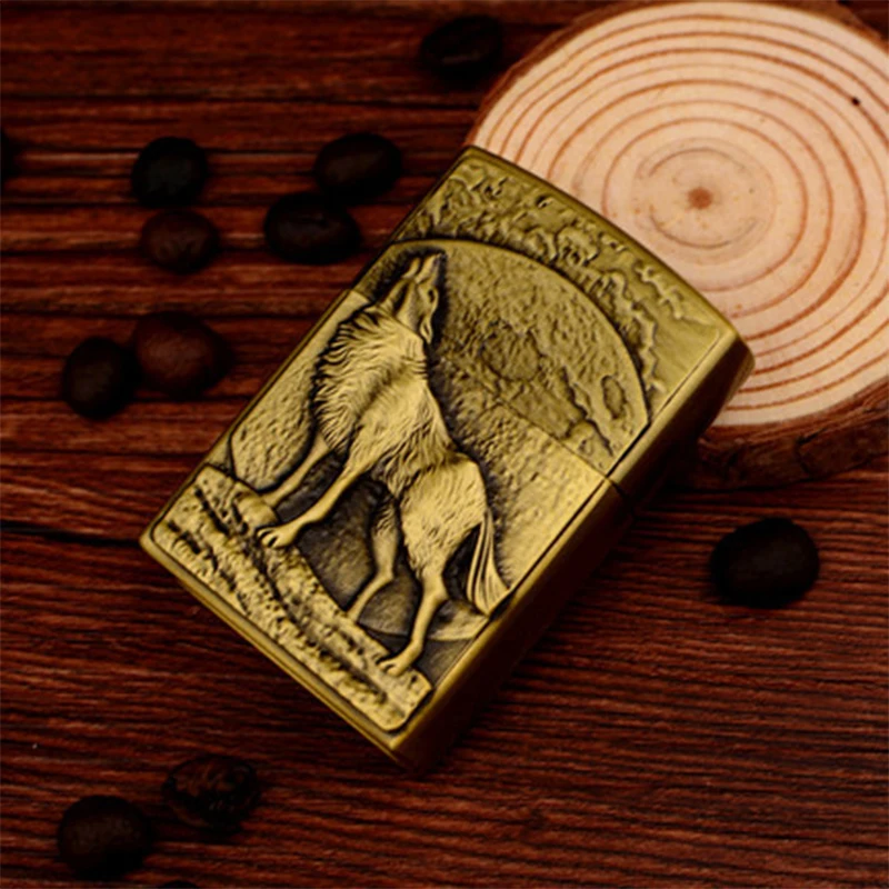 1 pcs Винтажная рельефная Зажигалка на реактивных колесах Wild Wolf& Moon портативная сигаретная дымовая надувная Классическая Бутановая газовая зажигалка - Цвет: 1 pcs
