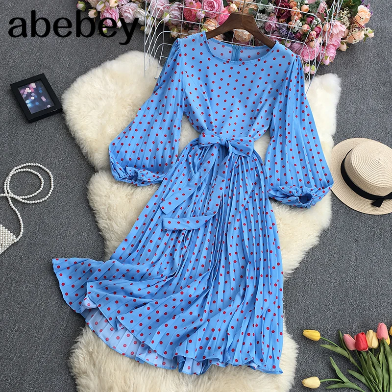 

2021 New Spring Autumn Korean O-neck long sleeve Dress polka dot print high waist lace up mid-length A-line Pleated Dress