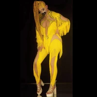 yellow tassel jumpsuit women long sleeve spandex skinny fringe leotard sexy stage wear dj singer dancer party show costume