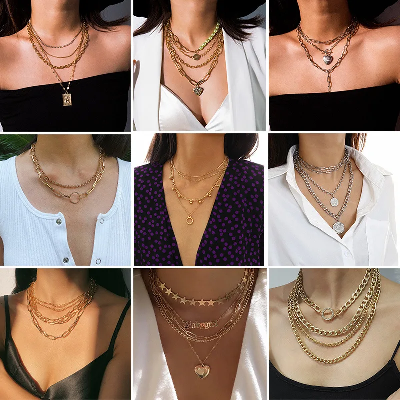Visisap Retro Temperament Multi-element Party Necklaces for Women OL Simple Chain Multilayer Geometric Lady Necklace XR-C2546 | Украшения и
