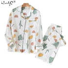 Комплект пижамный женский из 2 предметов, рубашка с отложным воротником и штаны, из 100% хлопка, с мультяшным принтом авокадо, кактус, удобная домашняя одежда