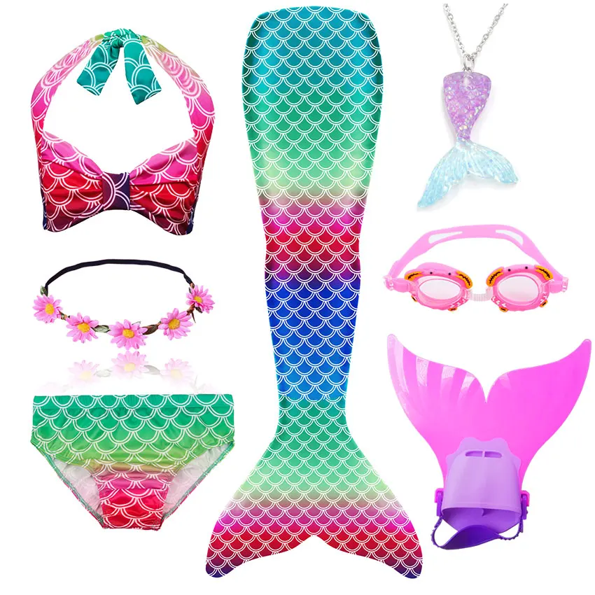 Детский женский костюм русалочки с венком купальный бикини хвостом и