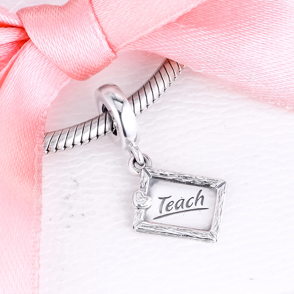 

100% Real 925 Sterling Silver Plaque Charms Chalkboard Charm Bracelet S925 Metal Beads Silver Jewelry