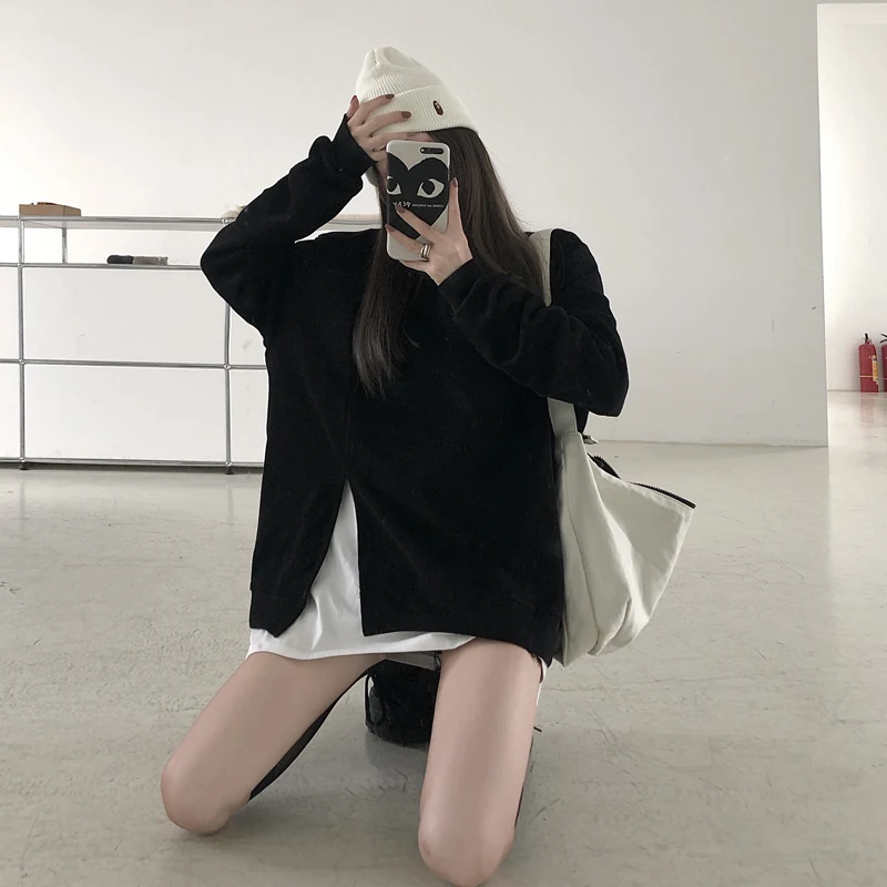 

2020 Korean BF Style Loose Pullover Slit Long Sleeve Versatile Crew Hoodie For Women