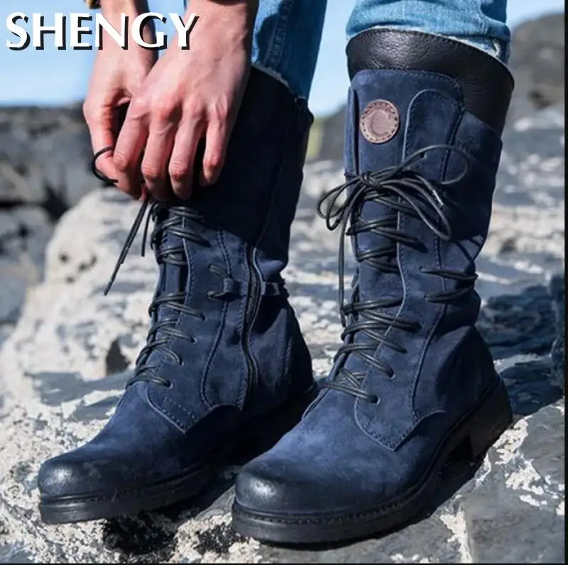 

Winter Warm Solid Women Boots Retro Round Toe Lace-Up Mid Calf Boots Lady Plush Shoes Outdoor Comfort Female Snow Booties