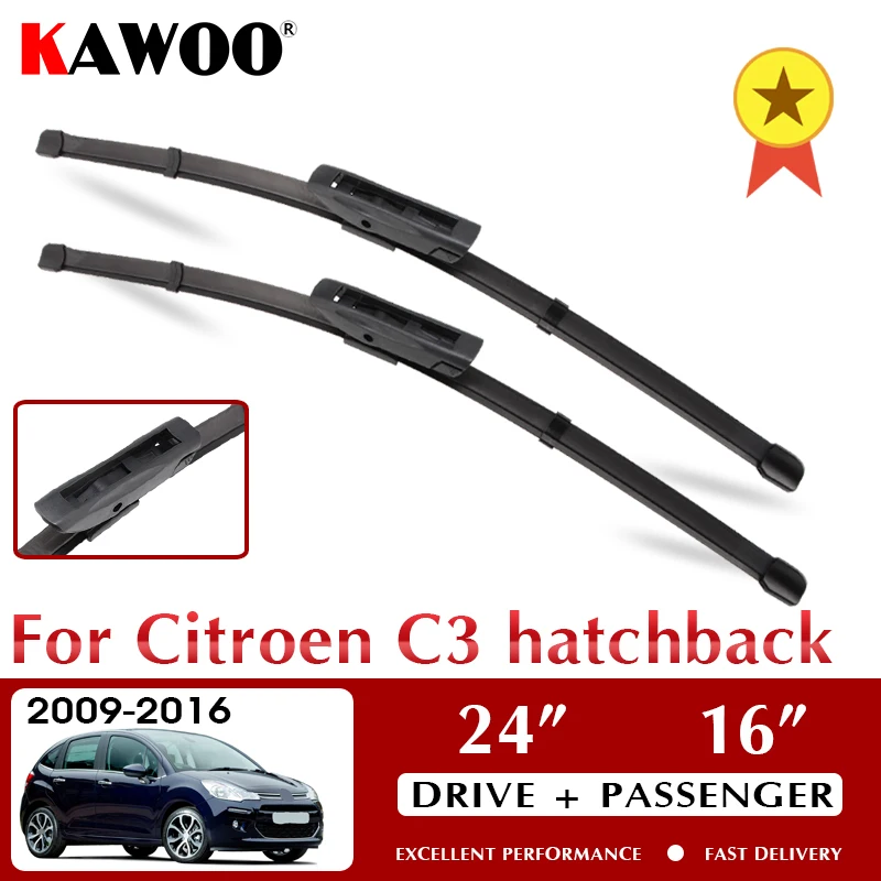 

KAWOO Wiper Car Wiper Blades For Citroen C3 hatchback 2009-2016 Windshield Windscreen Front Window Accessories 24"+16" LHD RHD