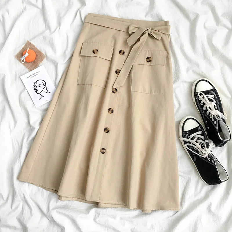 Женская однобортная юбка миди с завышенной талией пуговицами и цветочным