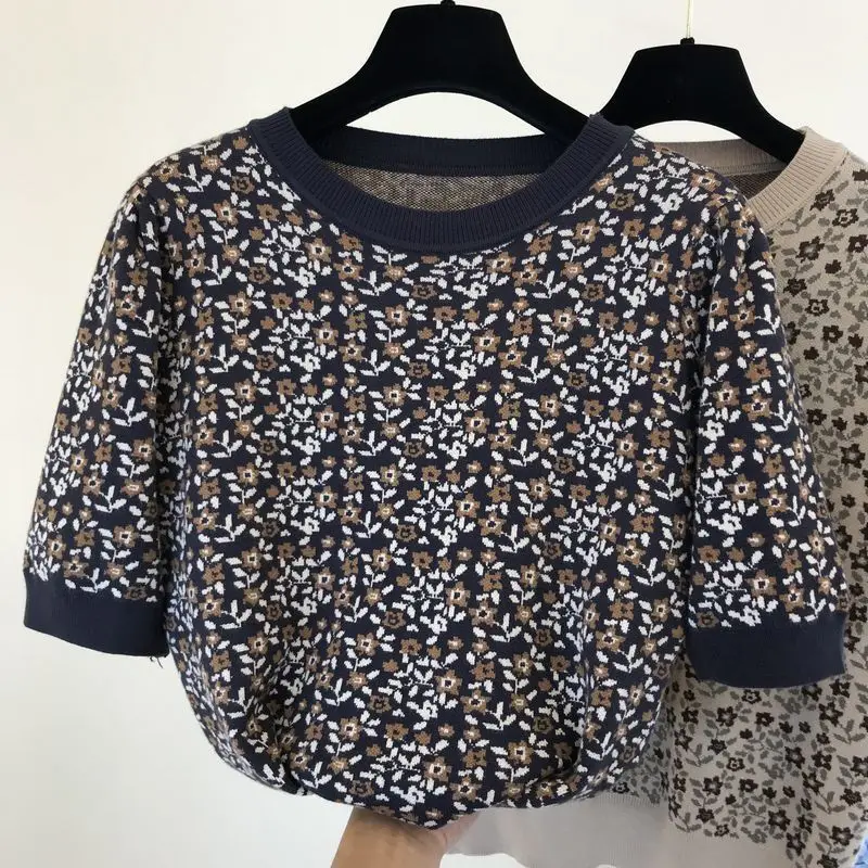 

Ladies spring and summer new jacquard sweater round neck temperament sweater short sleeve t-shirt