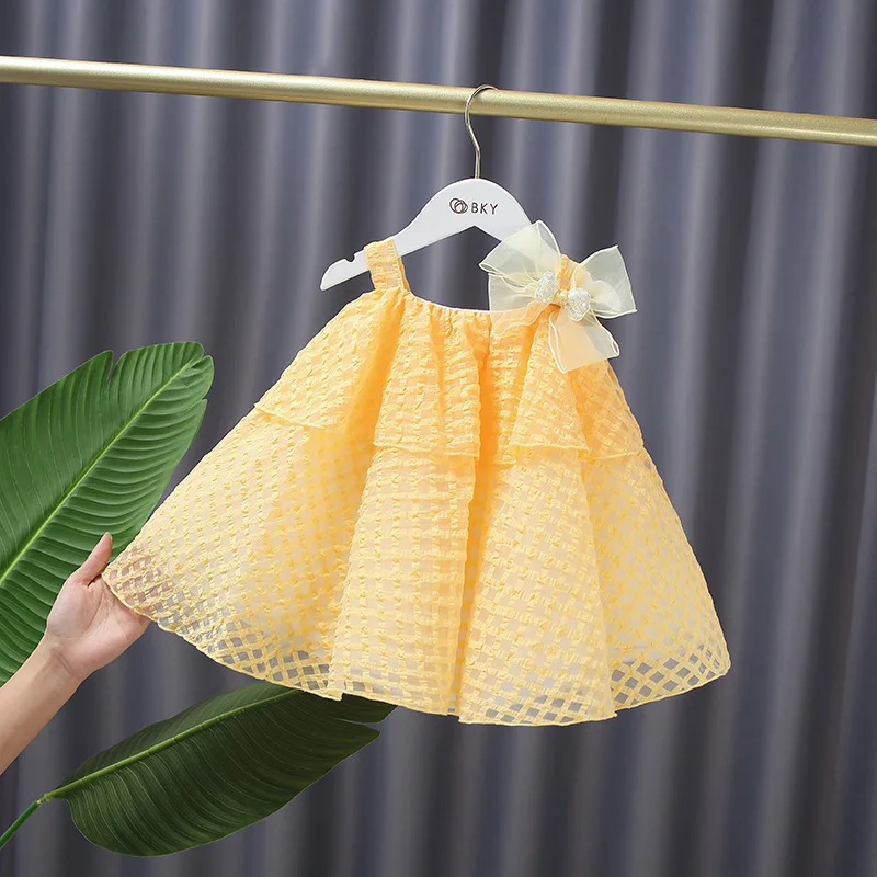 

Summer children's princess dress cute yellow bow and fresh Dress Children Baby Infant Party Mesh Dresses