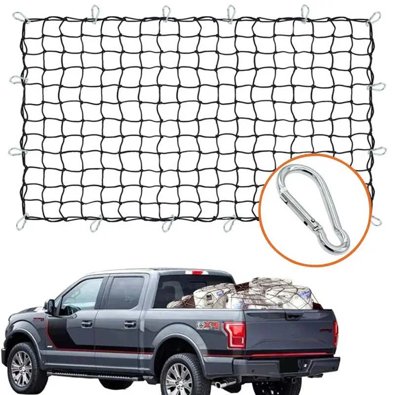 Cargo Nets for Pickup Trucks 180x120cm Heavy Duty Truck Bed Net with 16 pcs Metal Carabiners Hooks Bungee Netting Black