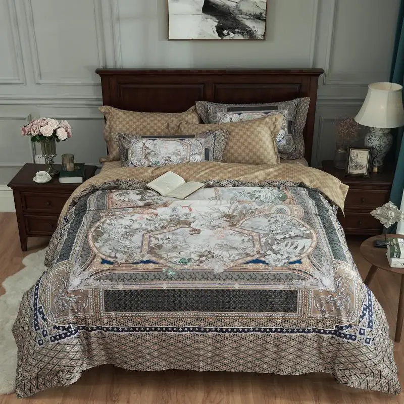 

luxury 100s damask digital art crown bedding set king queen size duvet cover flat sheet pillow cases bed linen set