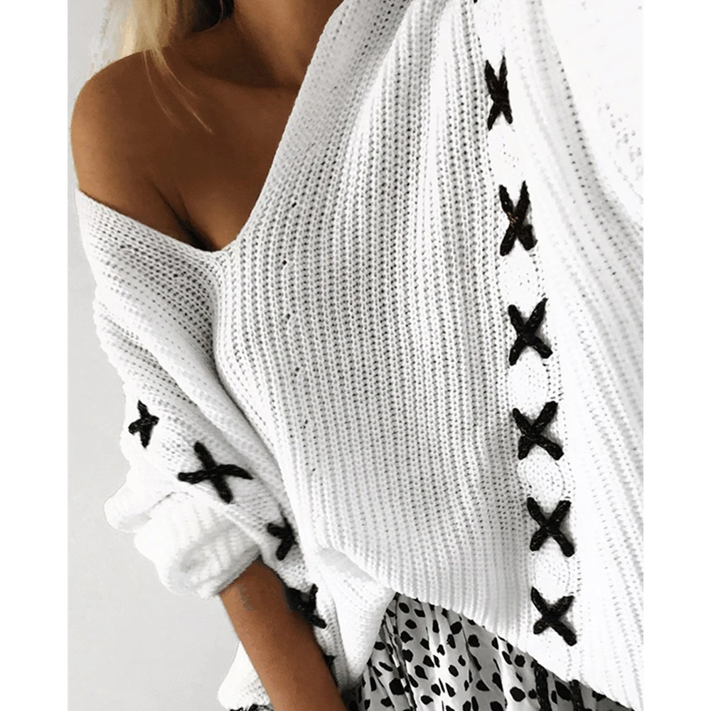Jocoo Jolee Autumn Long Sleeve V Neck Sweater Sexy White Off Shoulder Lave Up Knitted Pullover High Street Tops Jumper 2019 | Женская