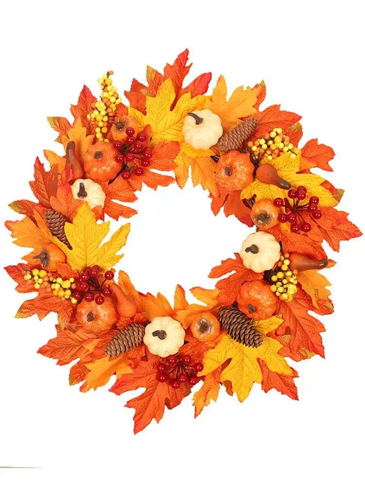 

Simulation Pumpkin Pine Cone Autumn Decoration Wreath White Maple Leaf Vine Circle Wall Hanging For Thanksgiving Halloween