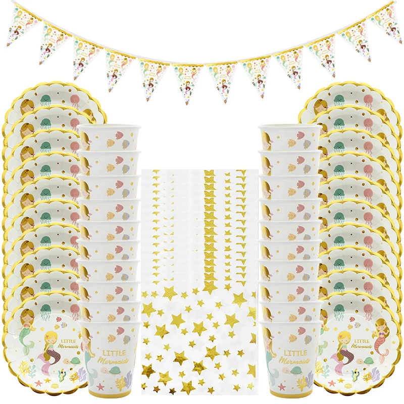 Набор одноразовой посуды для вечеринки русалка золотого цвета бумажные