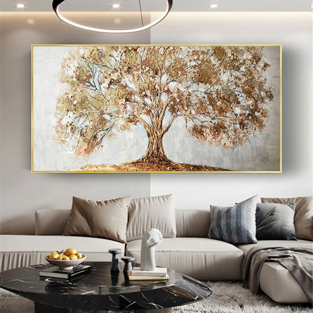 

Handmade Modern Abstract Landscape Oil Paintings On Canvas Wall Art Golden Tree Pictures For Living Room Christmas Home Decor