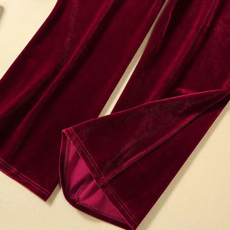 velvet 2 piece set women office work suits business casual women outfits wine red long sleeve deep v neck jacket+ long pants