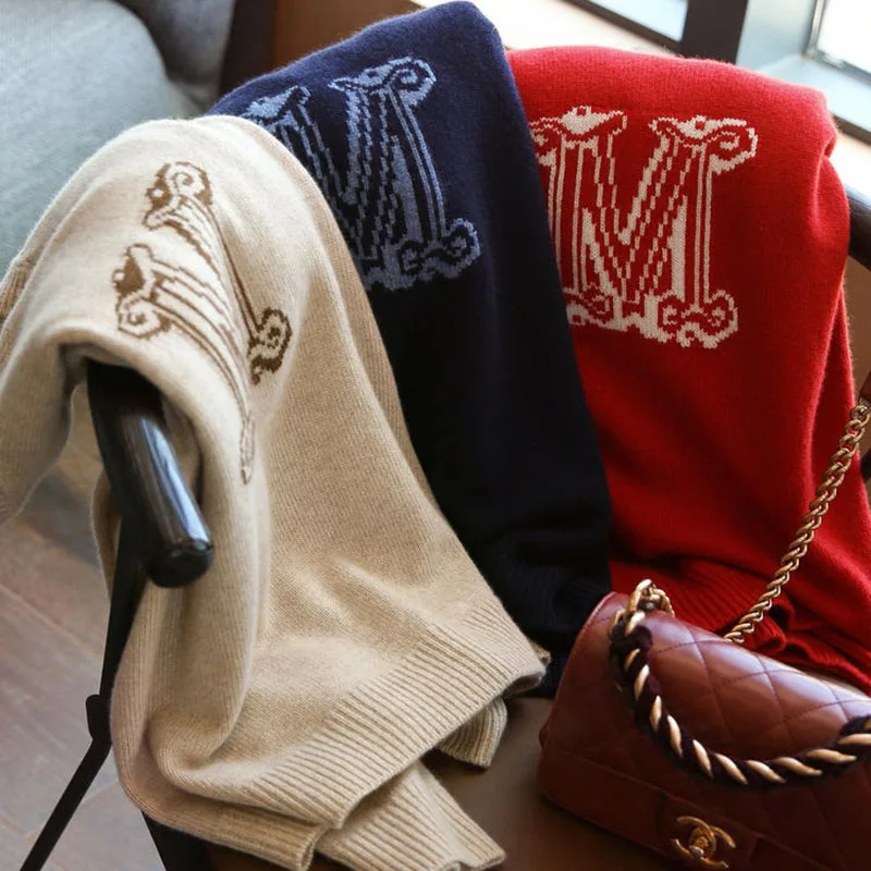 

Women's Sweater O-Neck Casual Loose Cashmere Wool Sweater Long Sleeve Female Pullover Winter Trend New Product M Letter Tops