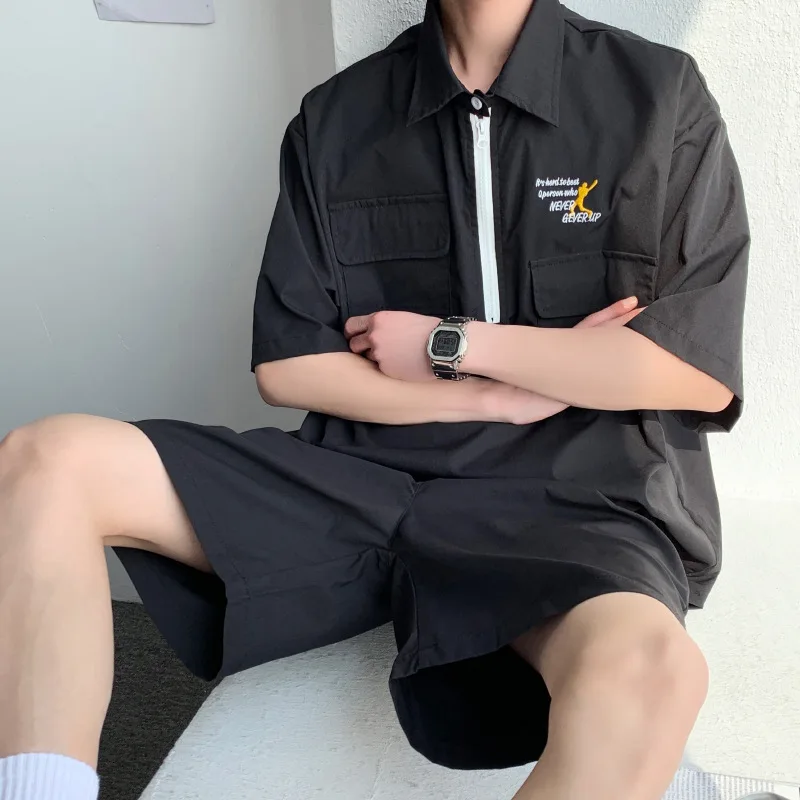

Men Short Sets Tide Brand Casual Short-sleeved T-shirt Shorts Suit Summer Korean Style Trendy Tooling Loose Two-piece Suit