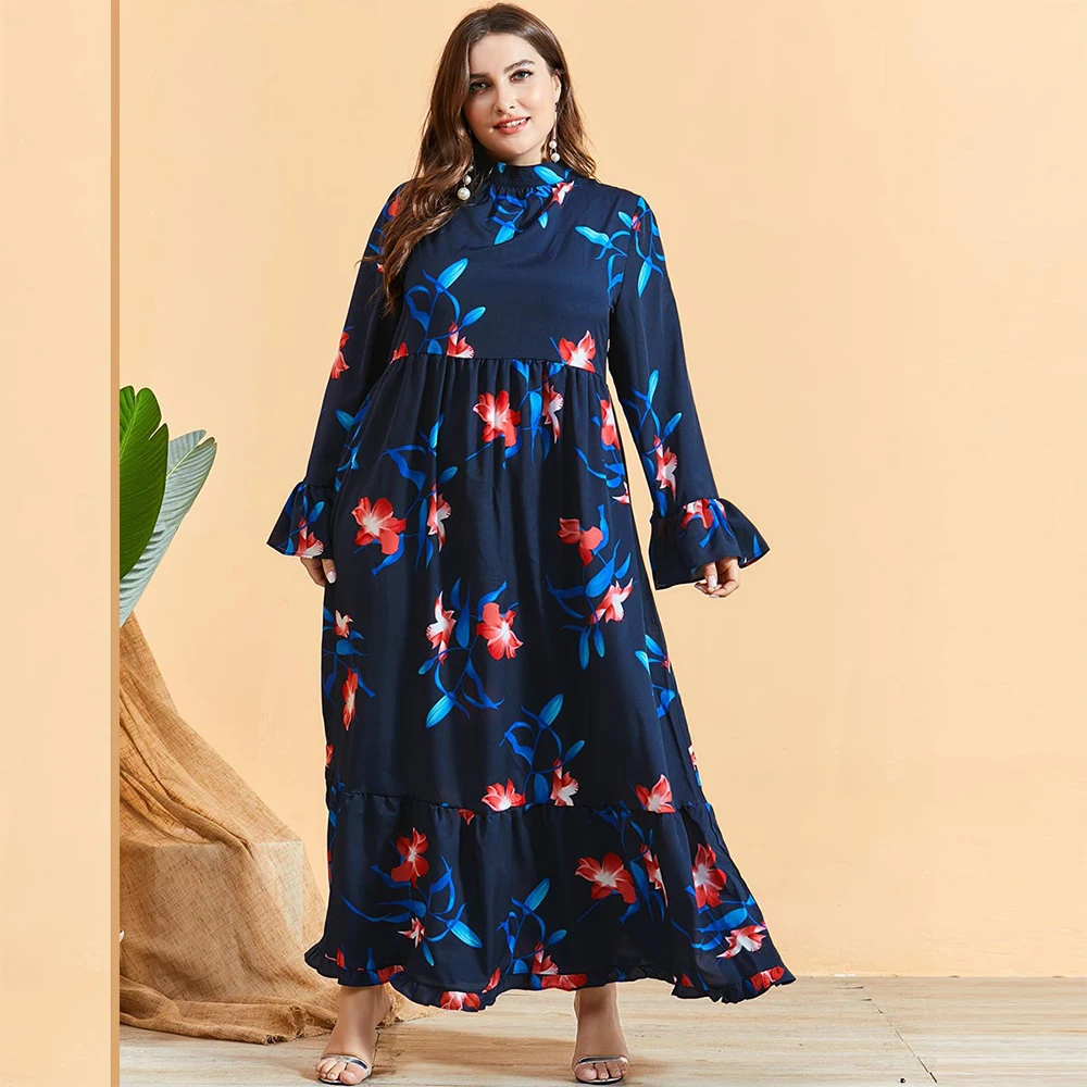

DOIB Women Blue Navy Blue Print Muslim Abya Dress Butterfly Flare Sleeve Long Dress 2020 Autumn Plus Size Maxi Dress