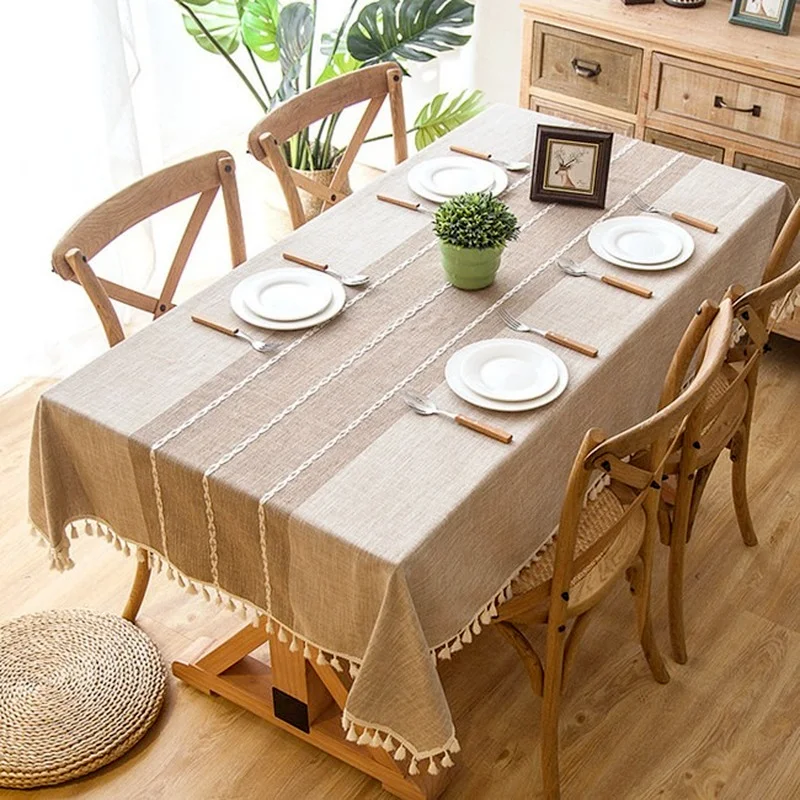 

Korea Style Plaid Decorative Linen Tablecloth with Tassel Waterproof Oilproof Thick Rectangular Wedding Dining Tea Table Cloth