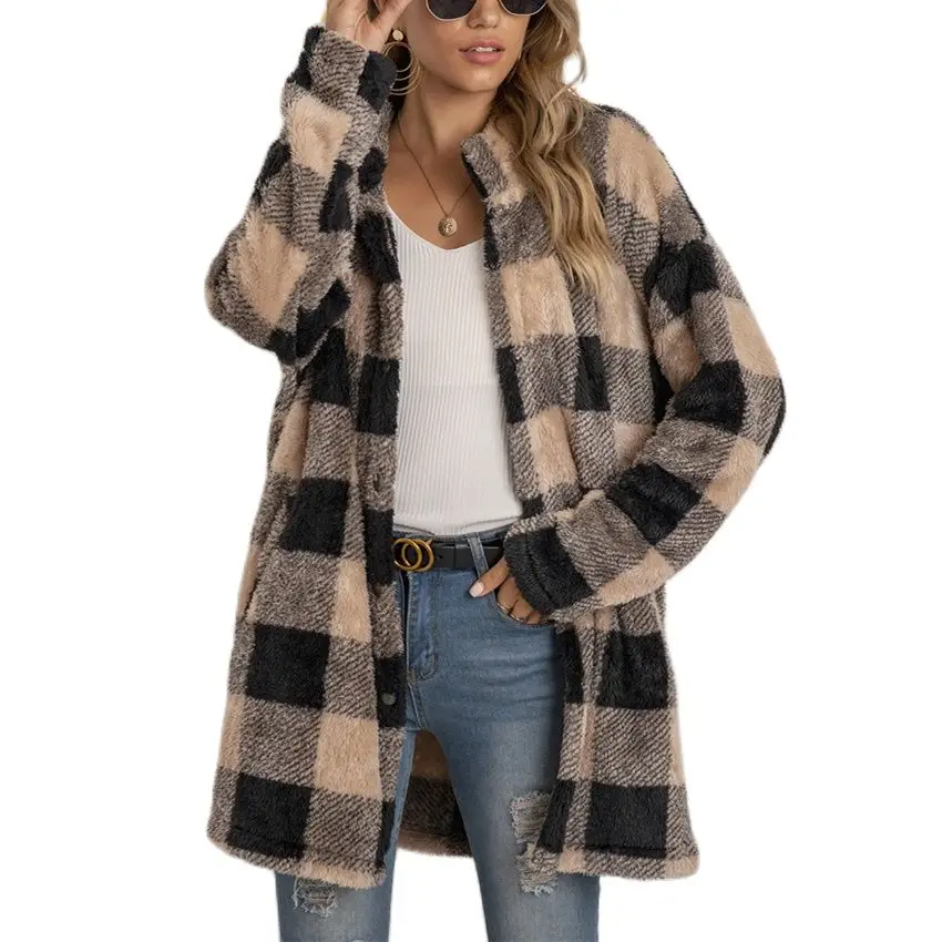 

Женская куртка, шерстяное пальто, длинное пальто в клетку, модное пальто с длинным рукавом, женское осенне-зимнее повседневное пальто, женск...