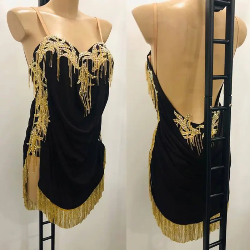 Платье для латинских танцев ручной работы на заказ черное сексуальное Клубное