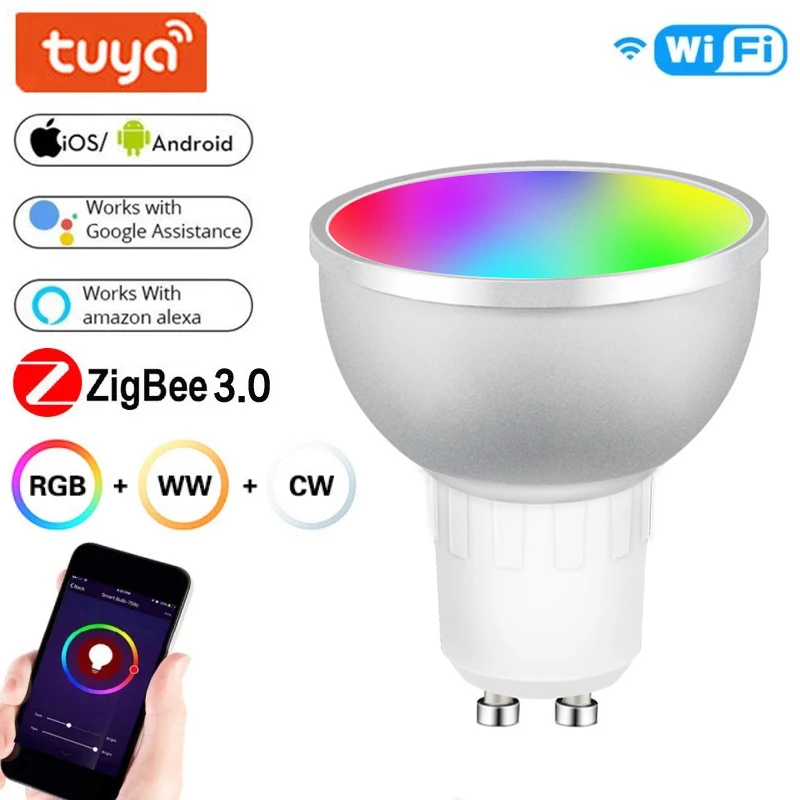 

Светодиодная цветная умная лампочка Zigbee 3,0 GU10 RGBCW, умная светодиодная лампа, точесветильник светильник, лампочка для умного дома Alexa