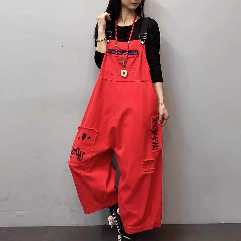 

Wide Leg Denim Jumpsuits Women Loose Cowboy Overalls Hip-Hop hole ripped Suspenders harem Low Crotch Pants baggy Cowboy Rompers