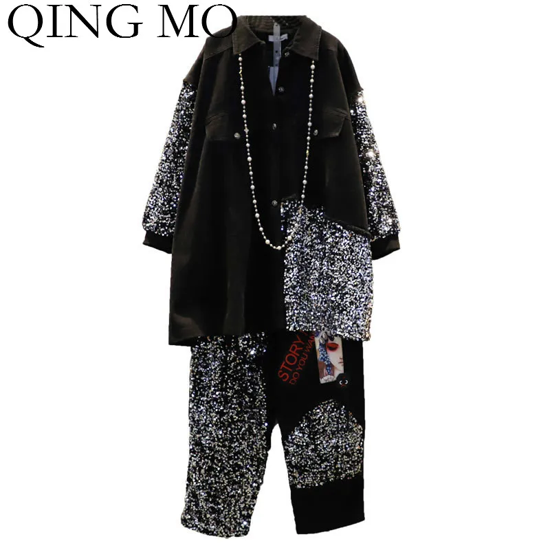 Женский костюм с блестками QING MO однобортный пиджак отложным воротником и брюки