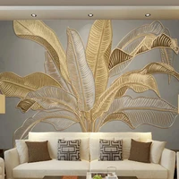 custom 3d mural wallpaper atmospheric banana leaf nordic green plants light luxury golden embossed line background