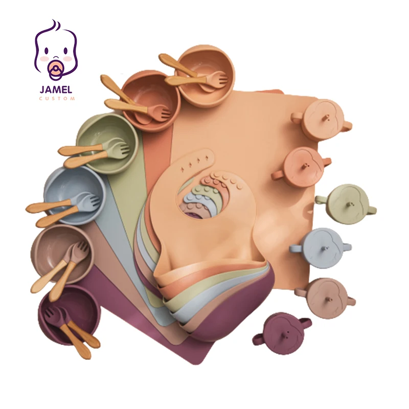 

6PCS/Set Baby Feeding Tableware Food Grade Silicone Bowl Bib Placemat Fork Spoon Feeding Cup Set BPA Free Baby Supplies for Kids