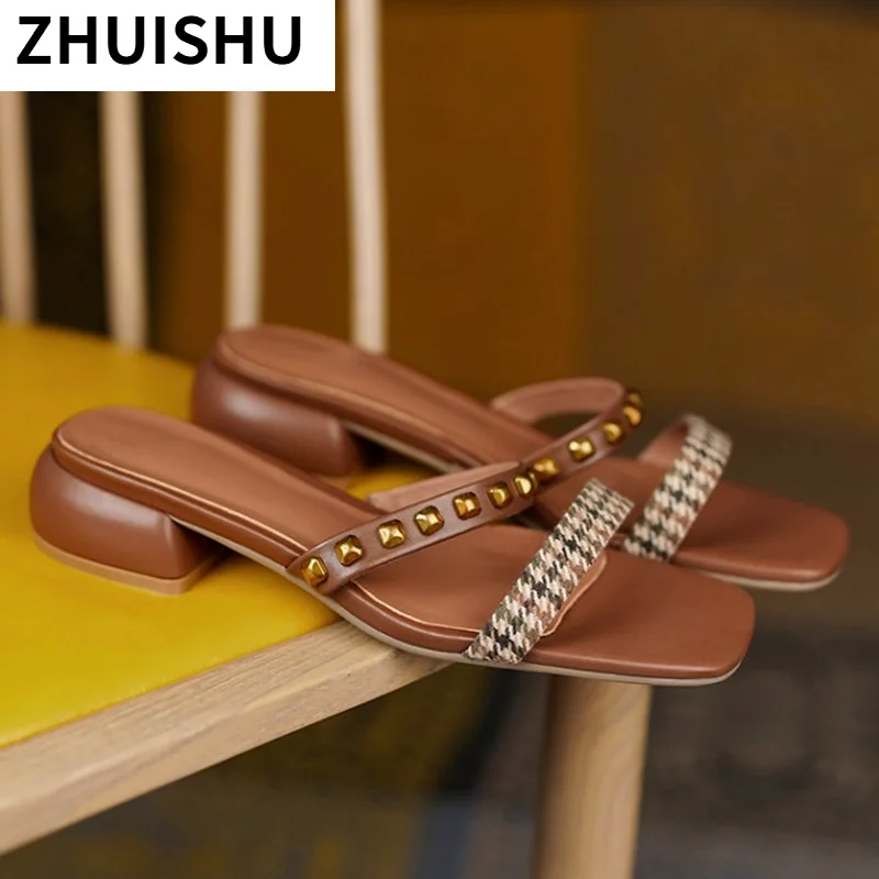 

2021 New Plaid Cloth Women Shoes Retro Summer Slippers Metal Buckle Open Toe Thick Heels Girls Sandals Low Heel Woman Slides