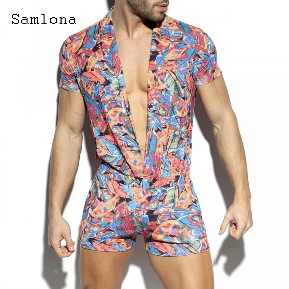 

Sexy Thin Pants Summer Model Print Jumpsuit Mens One-piece Wetlook Beachwear One-piece Open Crotch Playsuits Men Clothing 2021