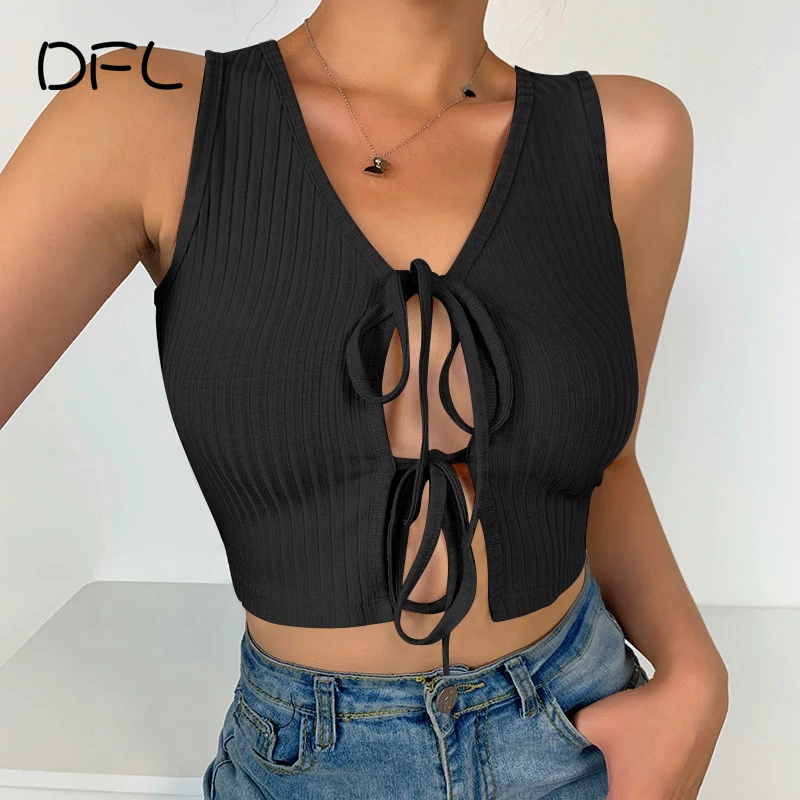 

DFLlifes Bandage Women's Tank Hollow Out Sexy Solid Black Spring Summer Basic Tanks and Camis Fashion Woman Tops Crop Top 2022