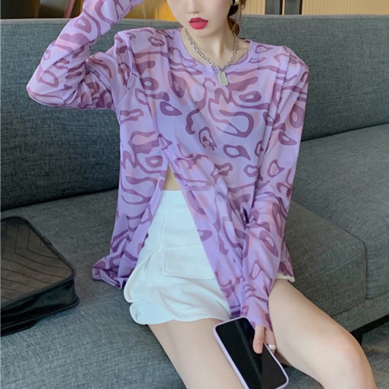 

Summer New Style Long-sleeved Top Women T-shirt Personality And Fashion Tie-dye Split Fork Design For Sexy Splicing Women Top